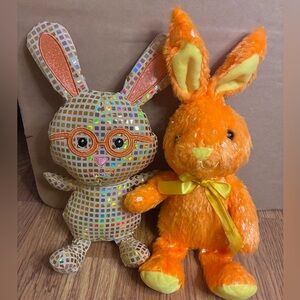 Cute Bunny Rabbit Plushies Bundle Gold Disco Bunny And Orange Easter Rabbit.
